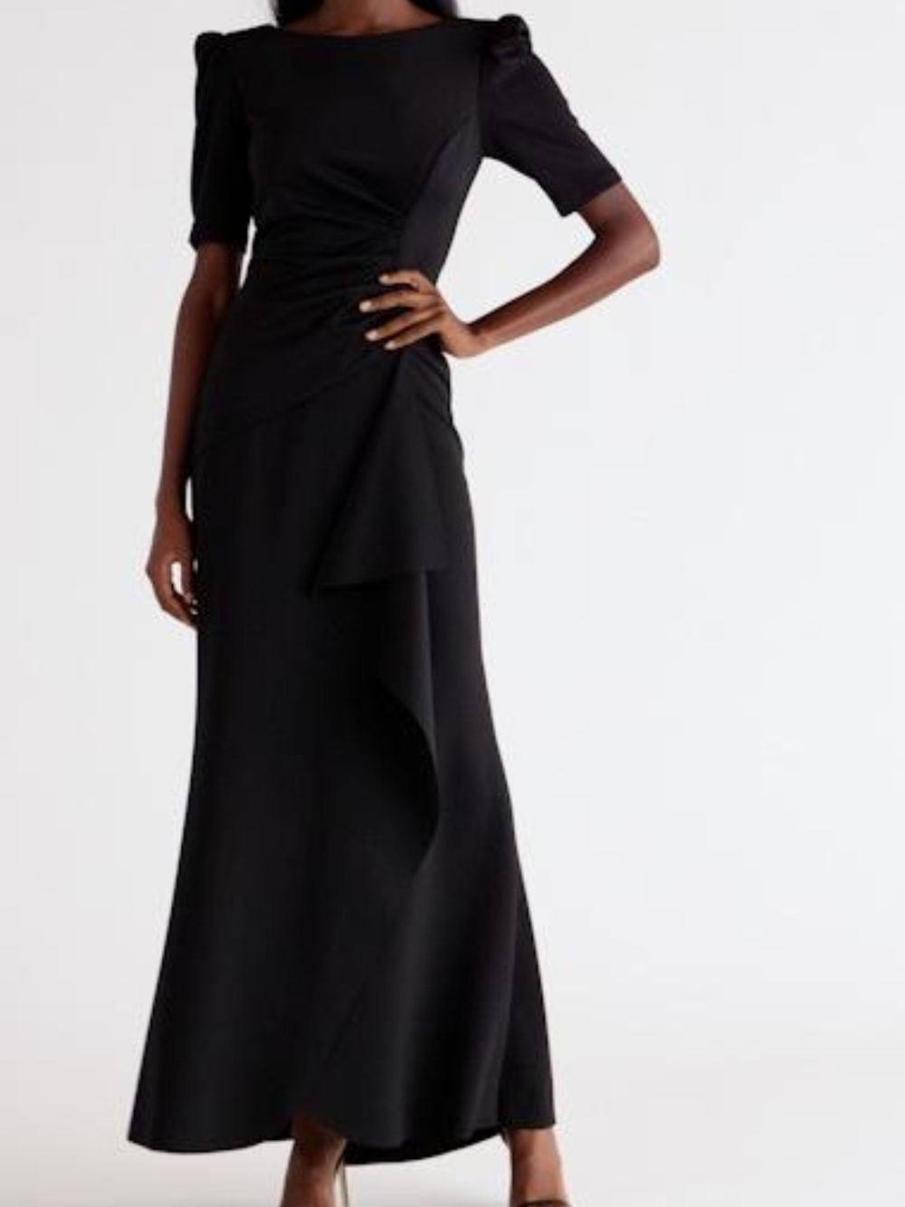 Xscape Black Ruched Scuba Ruffle Gown | Puff Sleeve | Size 10 | MSRP $218 READ